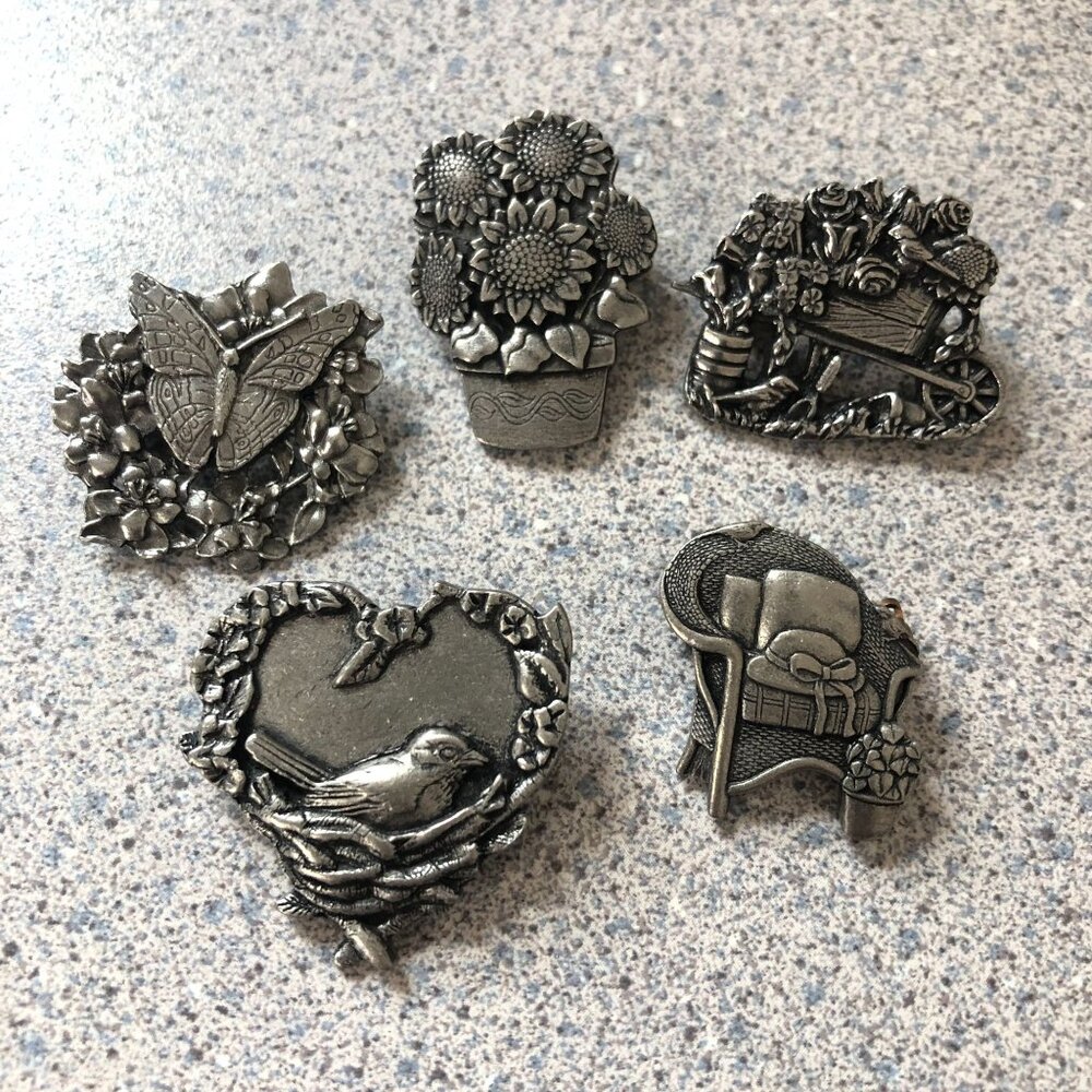5 Birds & Blooms Limited Edition Lapel Pins Brooches Pewter Garden Flowers Butte